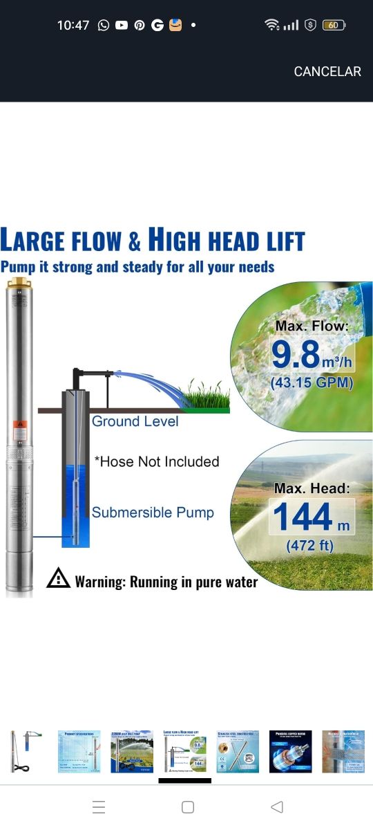 Bomba Sumergible Flujo Alto 9.8m³/h