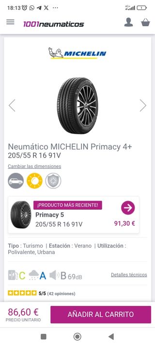 Neumático Michelin Primacy 4+ 205/55 R 16 91V