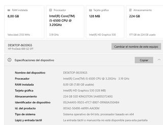 Ordenador HP i5 6500 8GB RAM SSD 224GB