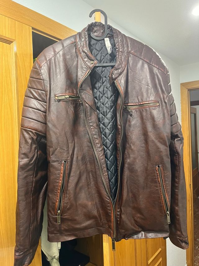Chaqueta Cuero Marrón Estilo Motero