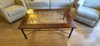 Mesa auxiliar madera y forja con cristal