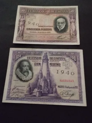 Billetes antiguos españoles 50 y 100 pesetas