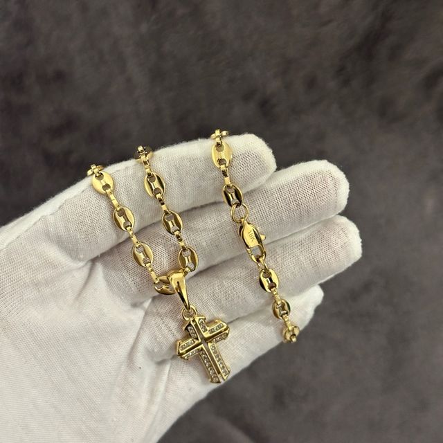 Cadena Ancla y Colgante Cruz Oro