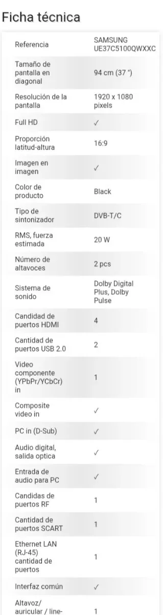 TV Samsung 37 pulgadas Negra modelo UE37C5100QWXXC