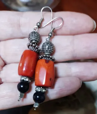 Pendientes Plata Ley Coral y Piedra Negra