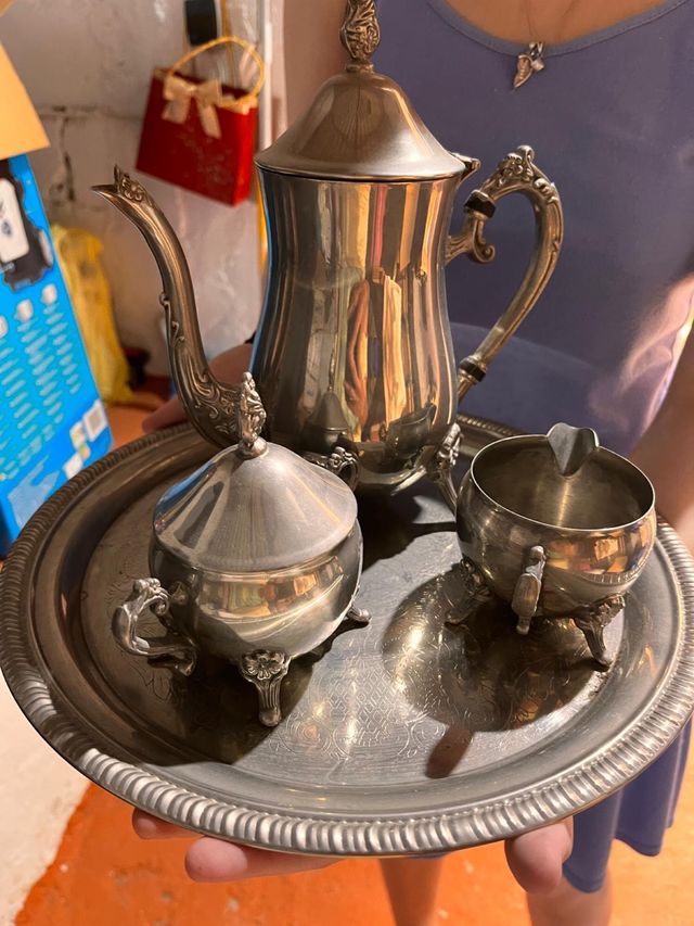 Juego de té vintage metal plateado