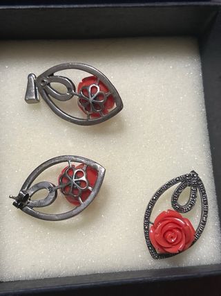 Conjunto Colgante y Pendientes Coral Rosa Plata