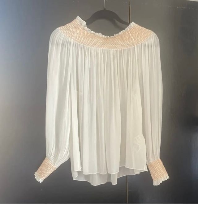 Blusa cuello barco rosa y blanco