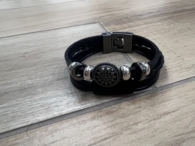Flongo Bracciale Uomo Pelle Nero Argento