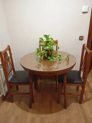 Mesa redonda de madera extensible.