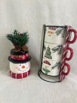 Maceta Muñeco Nieve y Tazas Navideñas