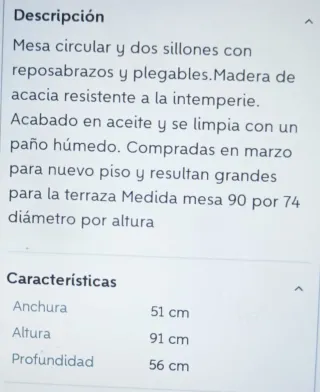 Mesa redonda acacia y 2 sillas plegables