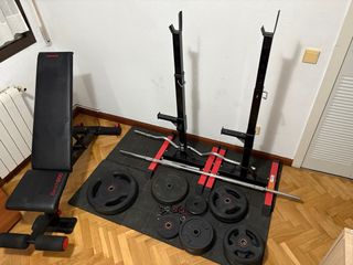 Banco, Rack, Barras y Discos Gym