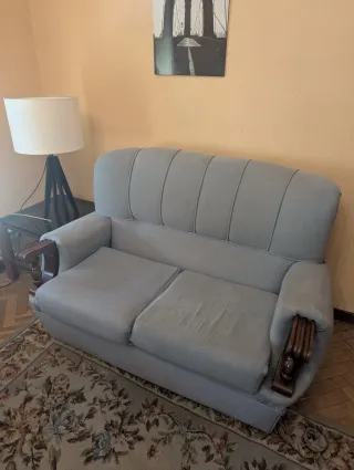 Sofá 2 plazas tapizado gris con madera