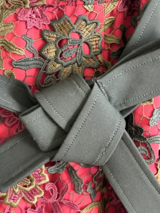 Vestido fiesta Alba Conde granate, verde, y negro.