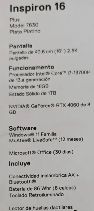 Portátil Dell Inspiron 16 Plus i7-13700H 16GB 4060