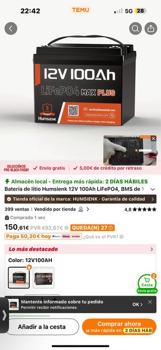 Batería Litio LiFePO4 12V 100Ah