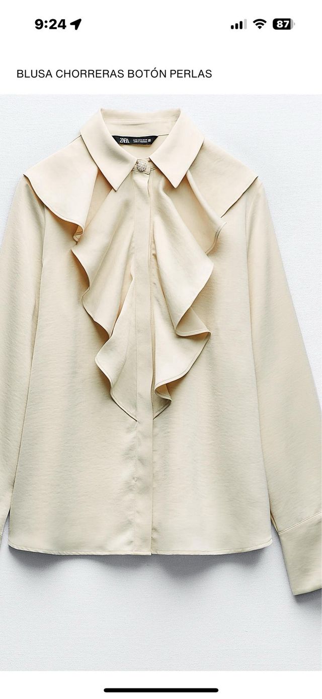 Blusa Zara Chorreras Botón Perlas Beige