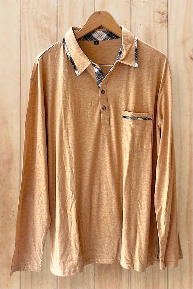 Polo Manga Larga XL Camel Ribete de Cuadros