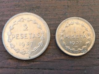2 Monedas 1 y 2 Pesetas 1937 Euskadi