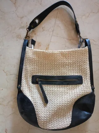 Bolso Rafia y Cuero Sintético Beige/Negro