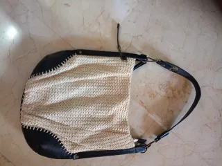 Bolso Rafia y Cuero Sintético Beige/Negro