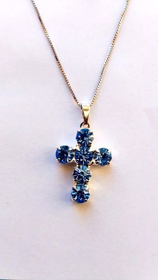 Collana Argento 925 Croce pietre topazio azzurri