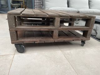 Mesa Palets Ruedas Madera Marrón Gris