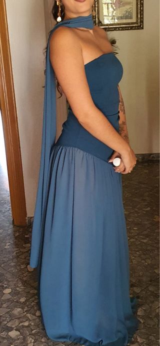 Vestido azul petróleo fiesta largo con abertura