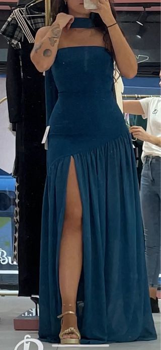 Vestido azul petróleo fiesta largo con abertura