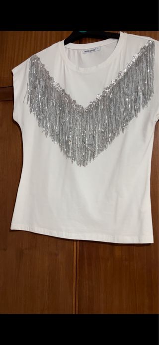 Camisa MONTE CERVINO blanca con flecos plateados T