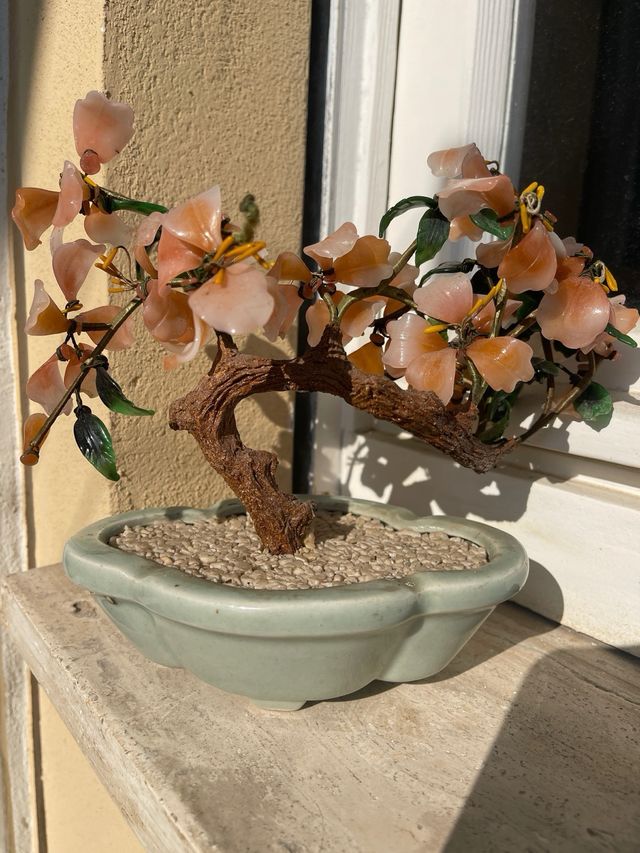Bonsai Vintage Fiori Rosa e Foglie Verdi