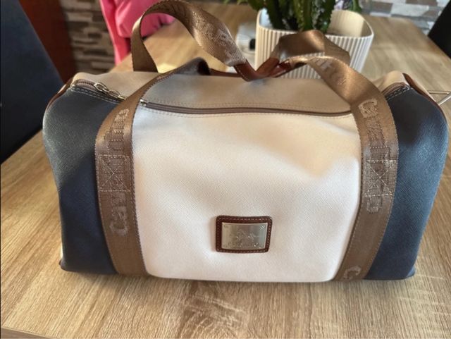 Mala Cavalinho bege e azul