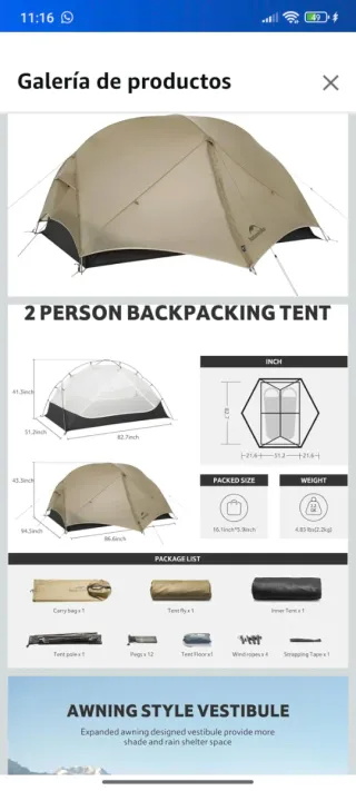 Tienda campaña Naturehike Mongar UL 2 personas