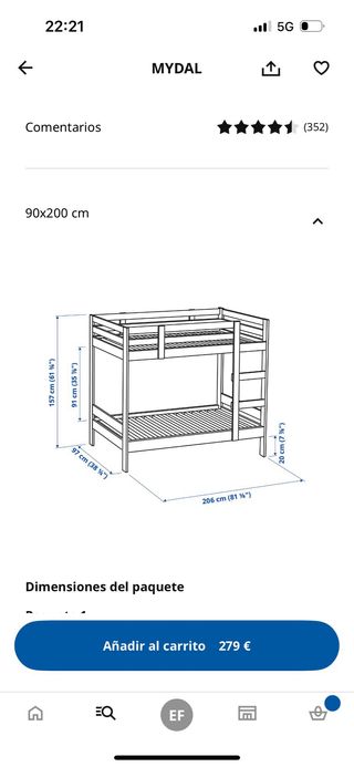 Estructura Litera MYDAL Blanco 90x200 cm