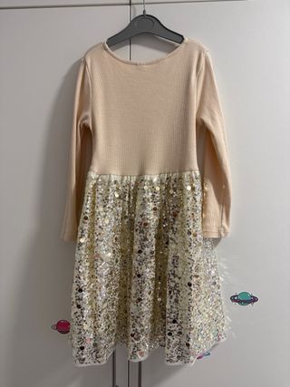 Vestido niña lentejuelas beige y dorado