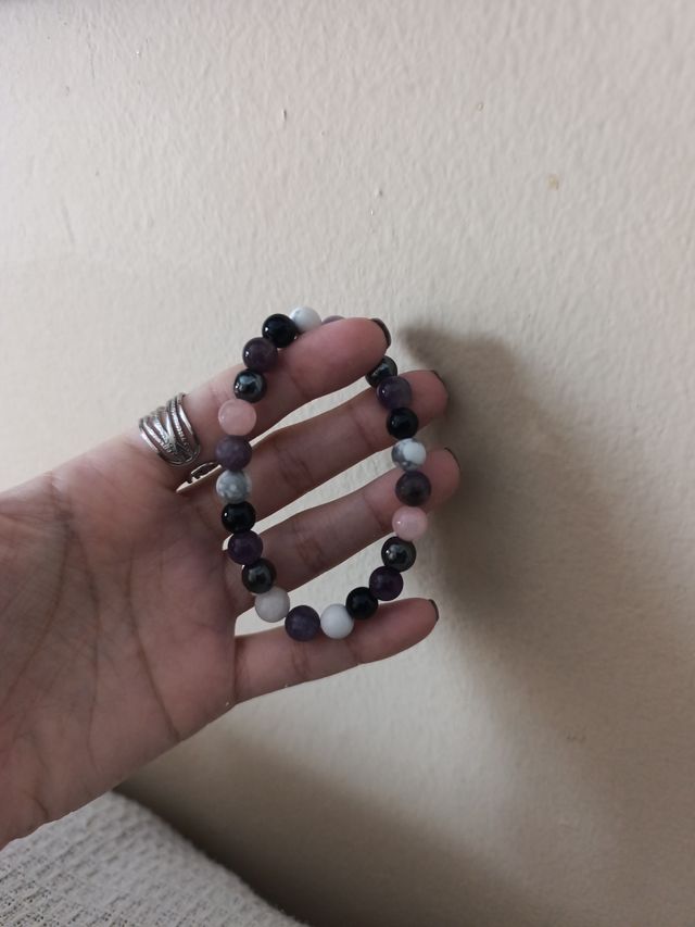Pulsera Turmalina Negra, Cuarzo Rosa y Amatista