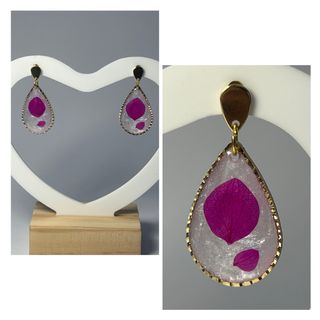 Pendientes de resina con flor rosa y oro