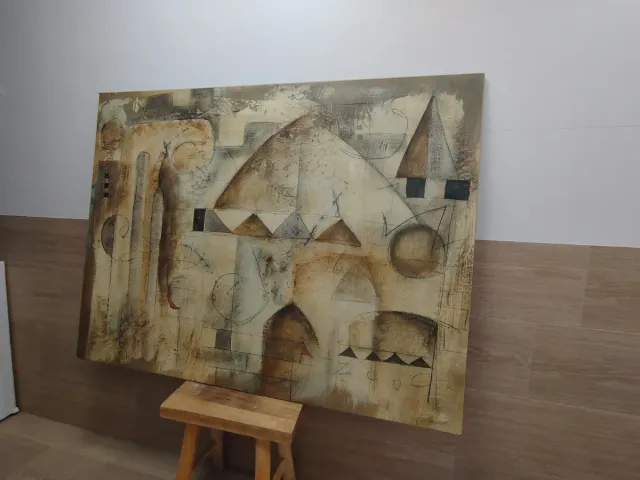 Quadro astratto grande beige e marrone