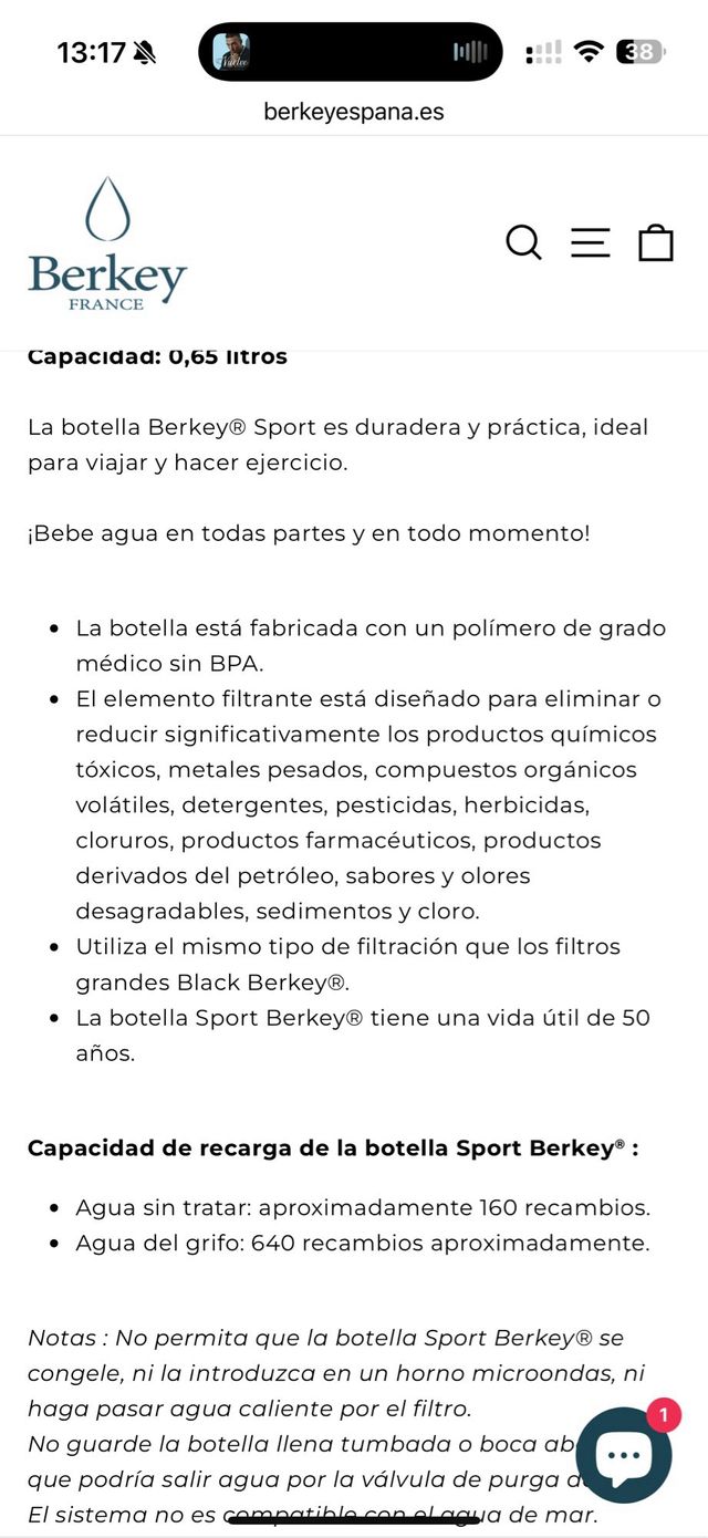 Botella Deportiva Berkey Agua Filtrada