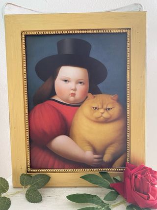 Quadro dorato «Ragazza con gatto» di Botero