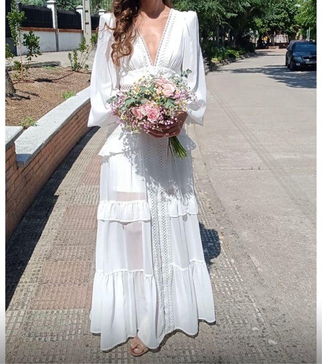 Vestido blanco boho largo (novia, evento) S 36