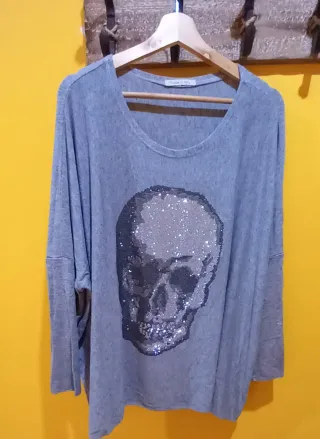 Jersey gris calavera lentejuelas talla única