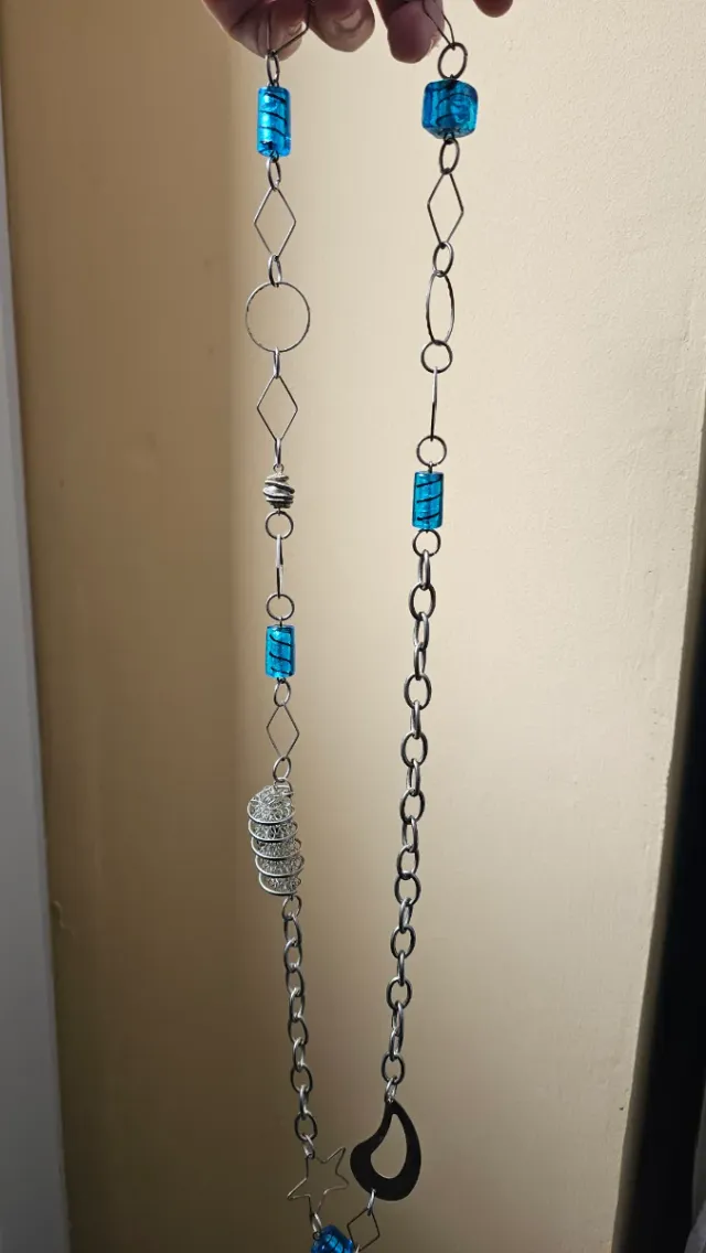 Collana lunga blu turchese e argentata