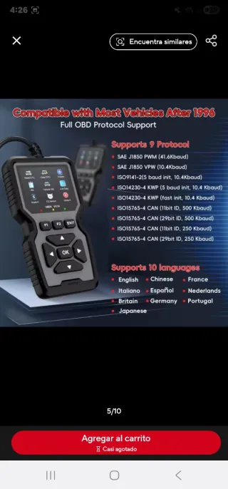 Escáner OBD2 para Vehículos,diagnóstico y borrado.