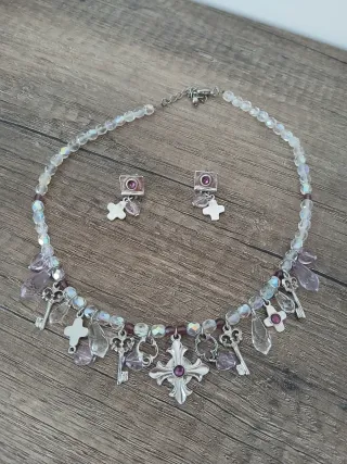 Conjunto Collar y Pendientes Morado y Plateado