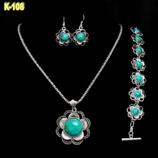 Conjunto Vintage Pedrería Turquesa Flor