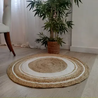 Alfombra Redonda Yute con Lineas Blancas