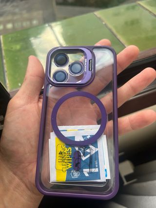 Custodia per iPhone 13 Pro con staffa viola trasparente