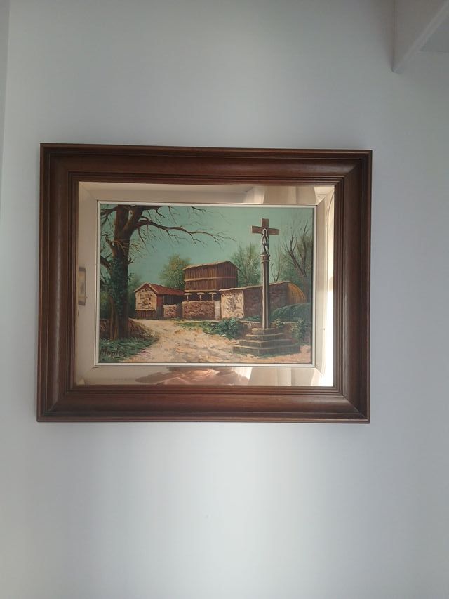 Cuadro paisaje rural con cruz